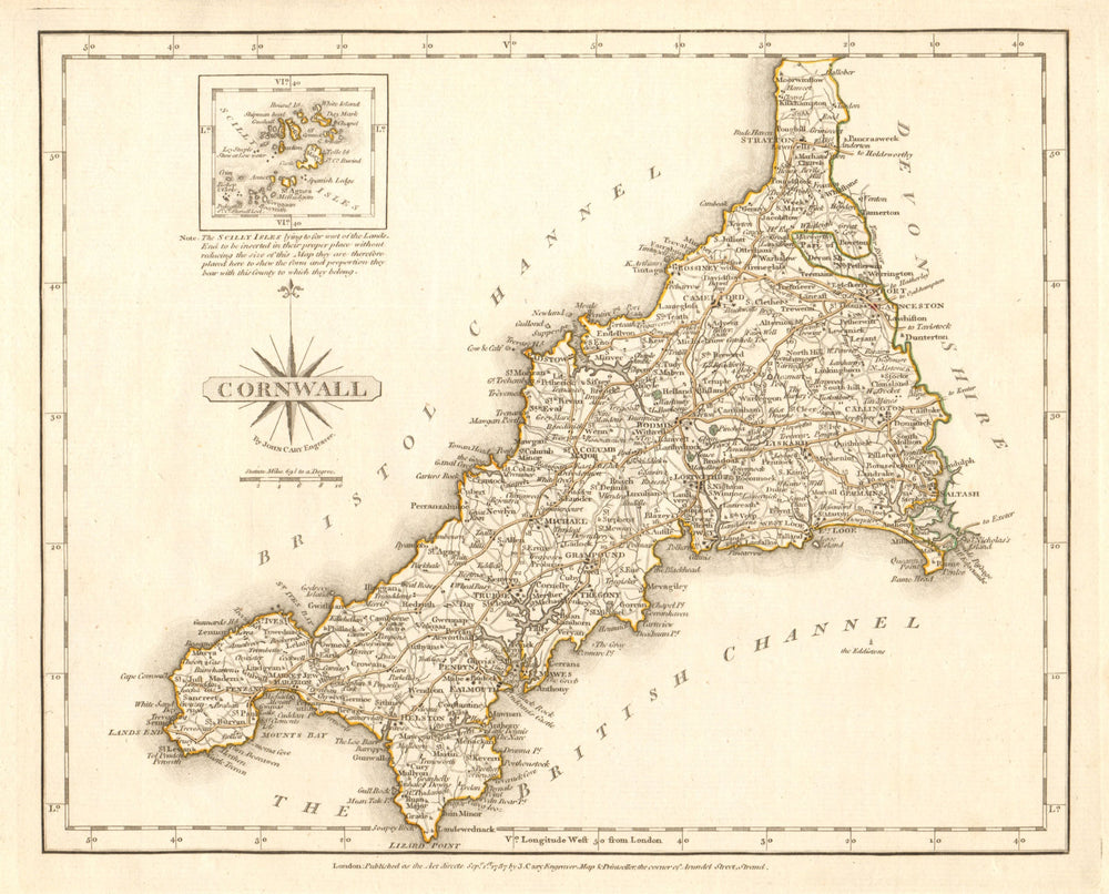 Antique county map of CORNWALL by JOHN CARY. Original outline colour 1787