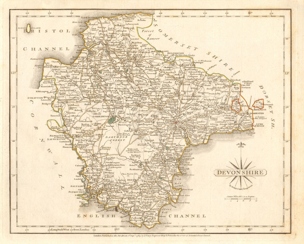 Antique county map of DEVONSHIRE by JOHN CARY. Original outline colour 1787