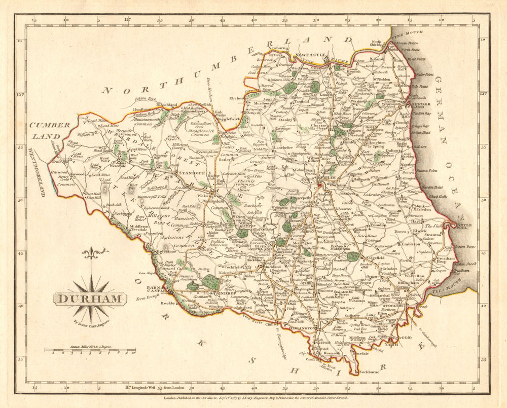 Antique county map of DURHAM by JOHN CARY. Original outline colour 1787
