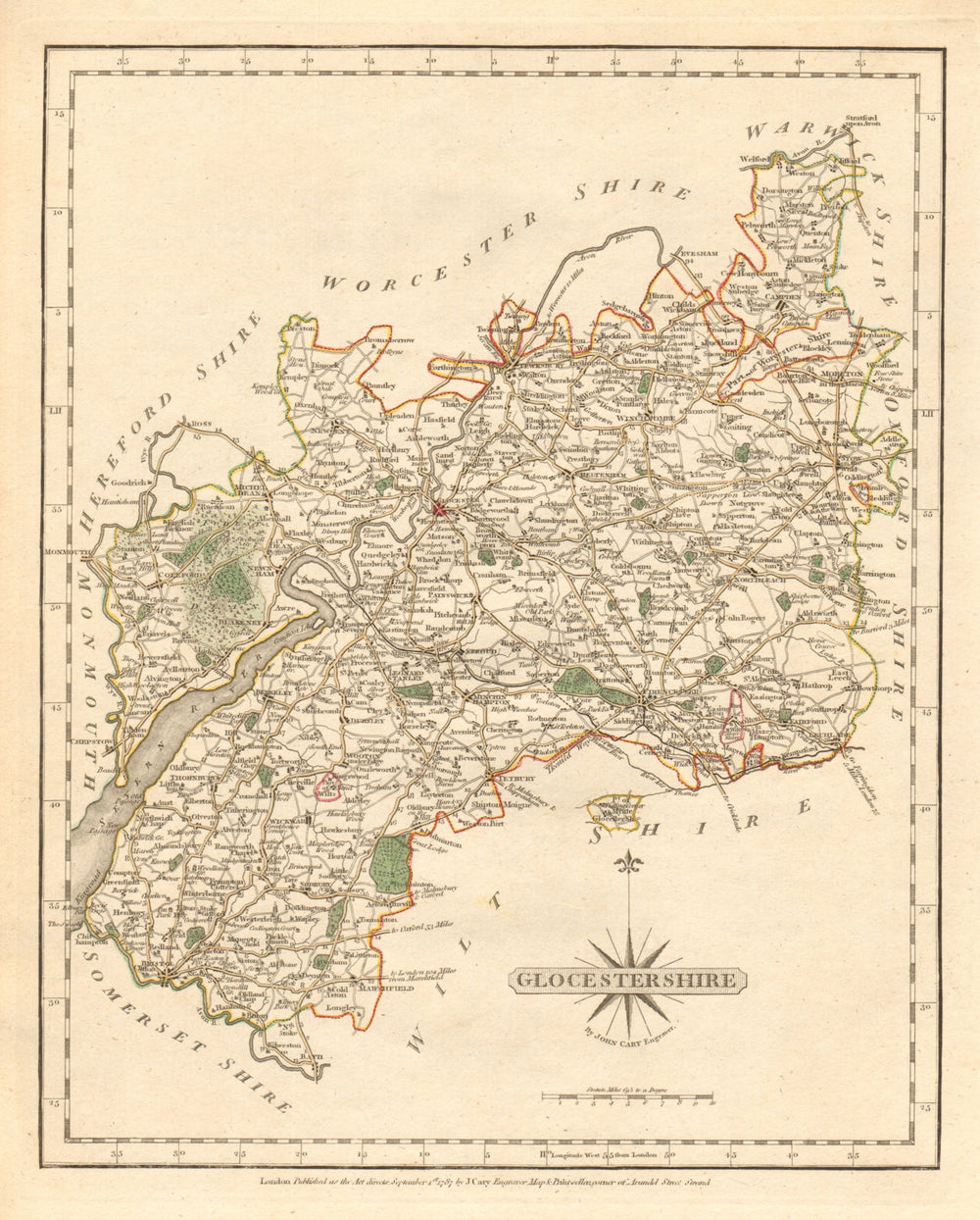 Antique county map of GLOUCESTERSHIRE by JOHN CARY. Original outline colour 1787