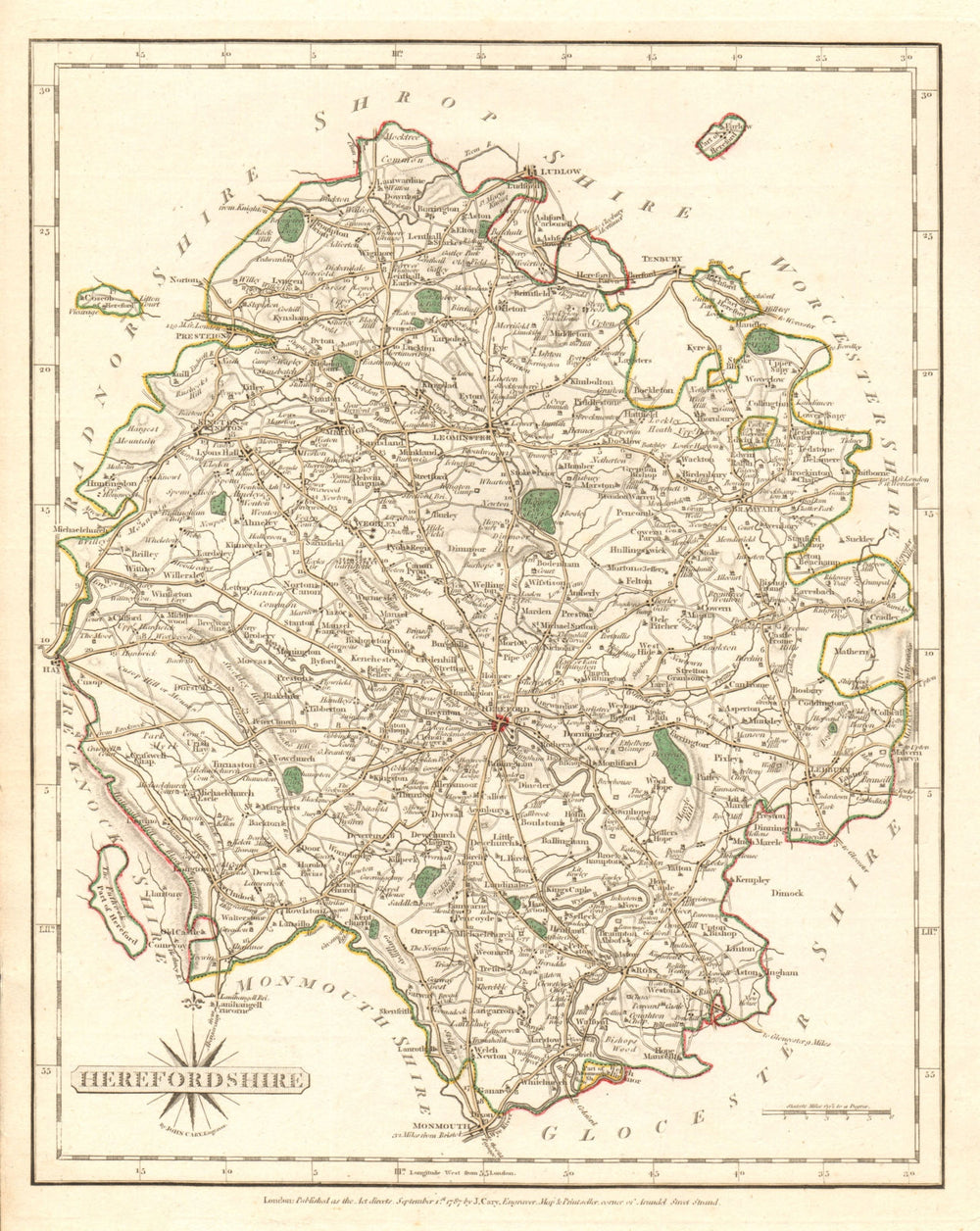 Antique county map of HEREFORDSHIRE by JOHN CARY. Original outline colour 1787