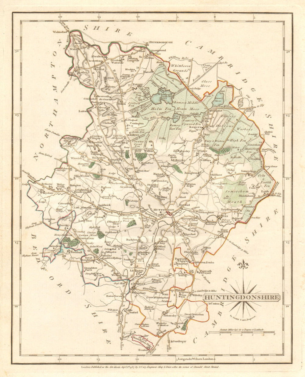 Antique county map of HUNTINGDONSHIRE by JOHN CARY. Original outline colour 1787