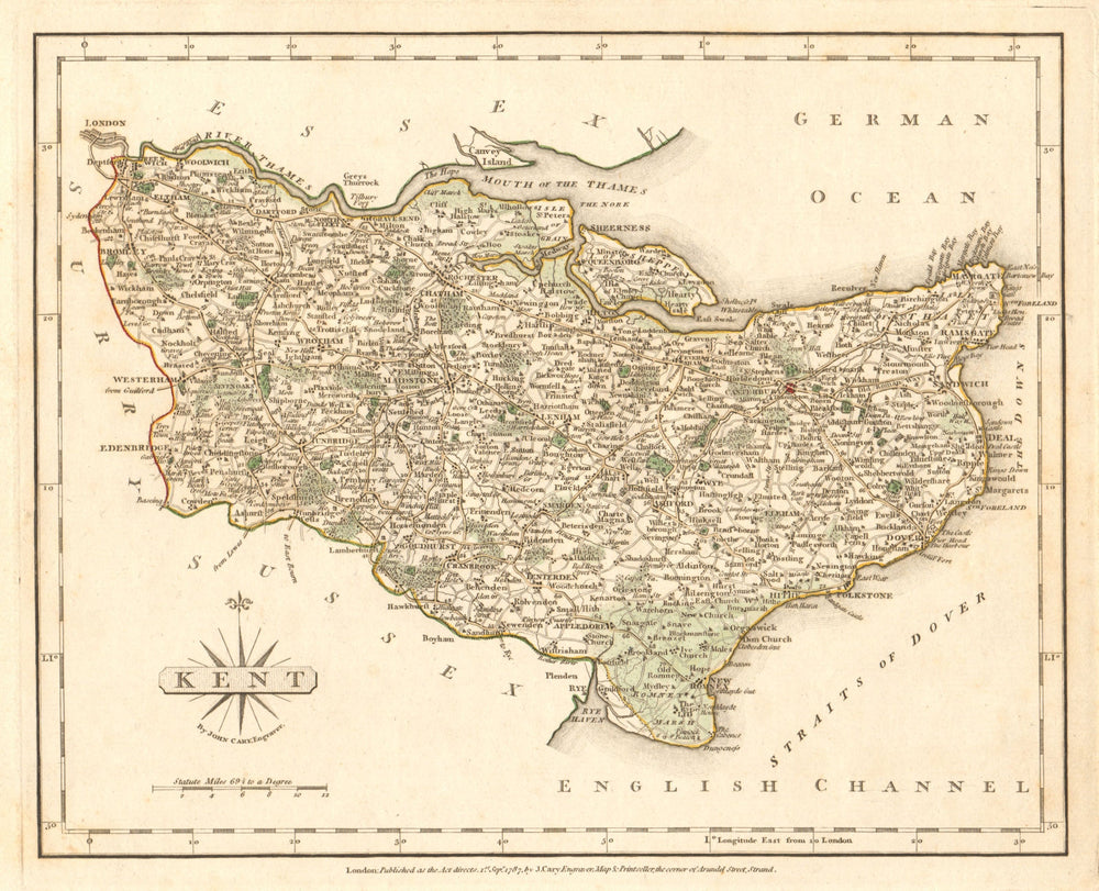 Antique county map of KENT by JOHN CARY. Original outline colour 1787 old