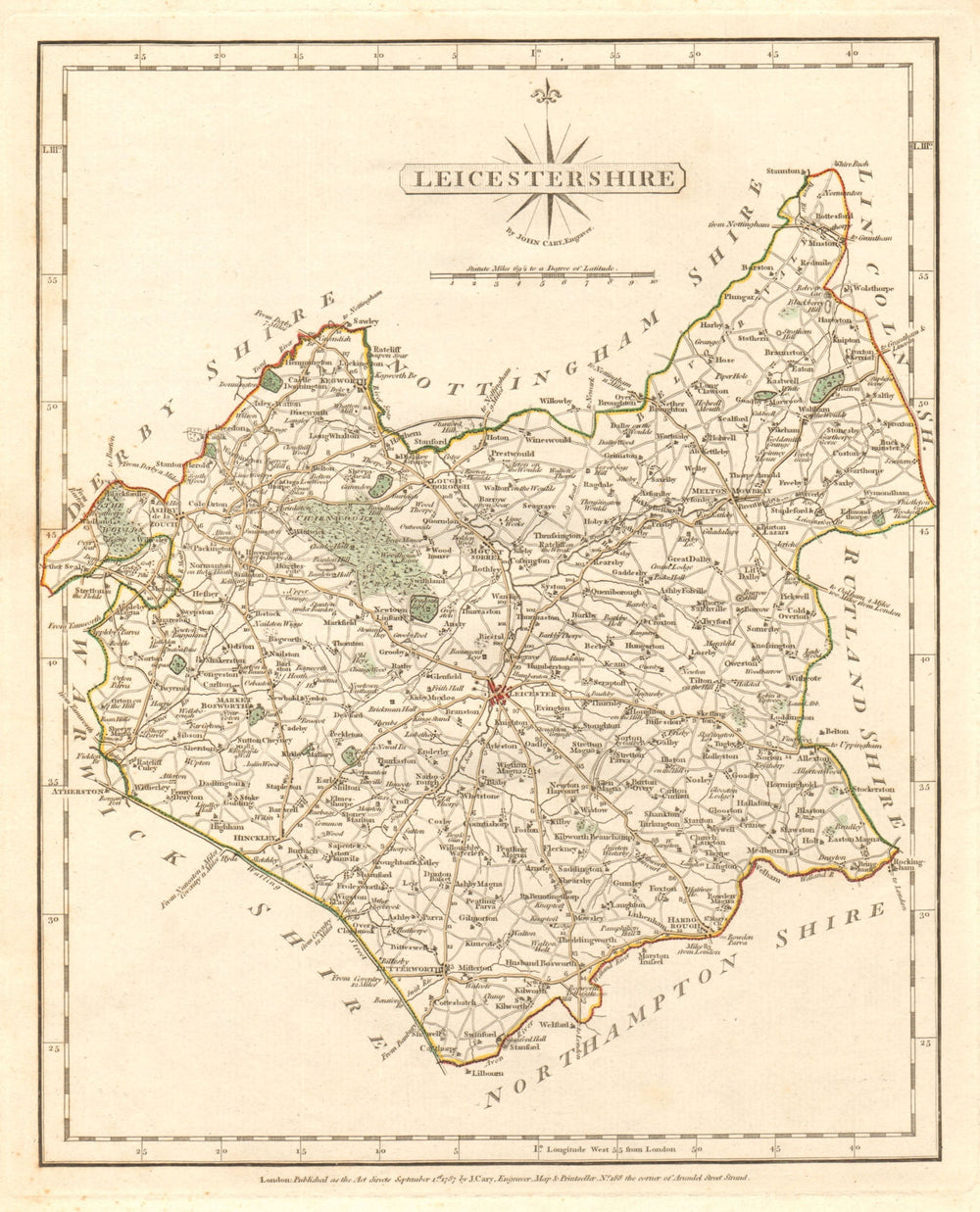 Antique county map of LEICESTERSHIRE by JOHN CARY. Original outline colour 1787