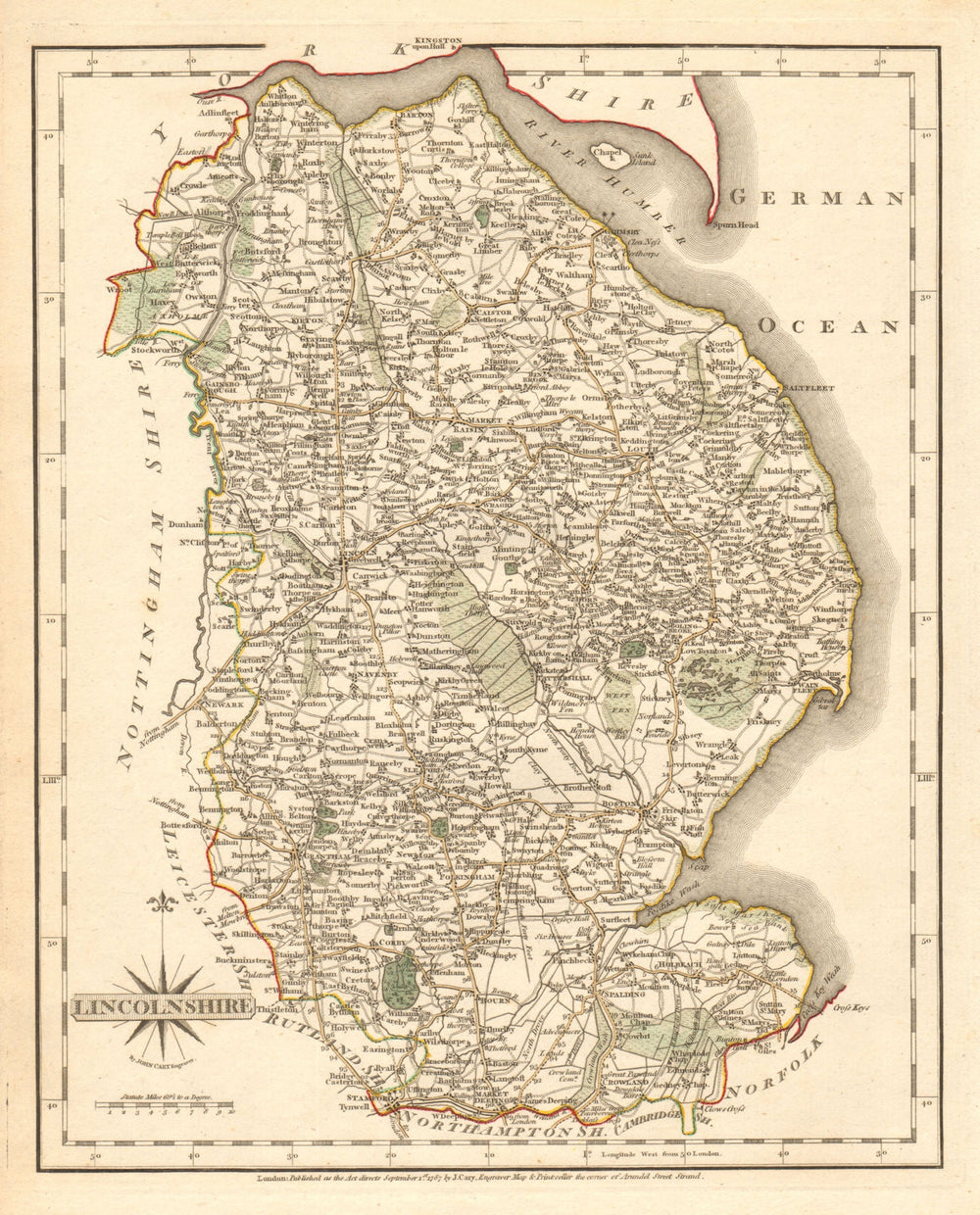 Antique county map of LINCOLNSHIRE by JOHN CARY. Original outline colour 1787