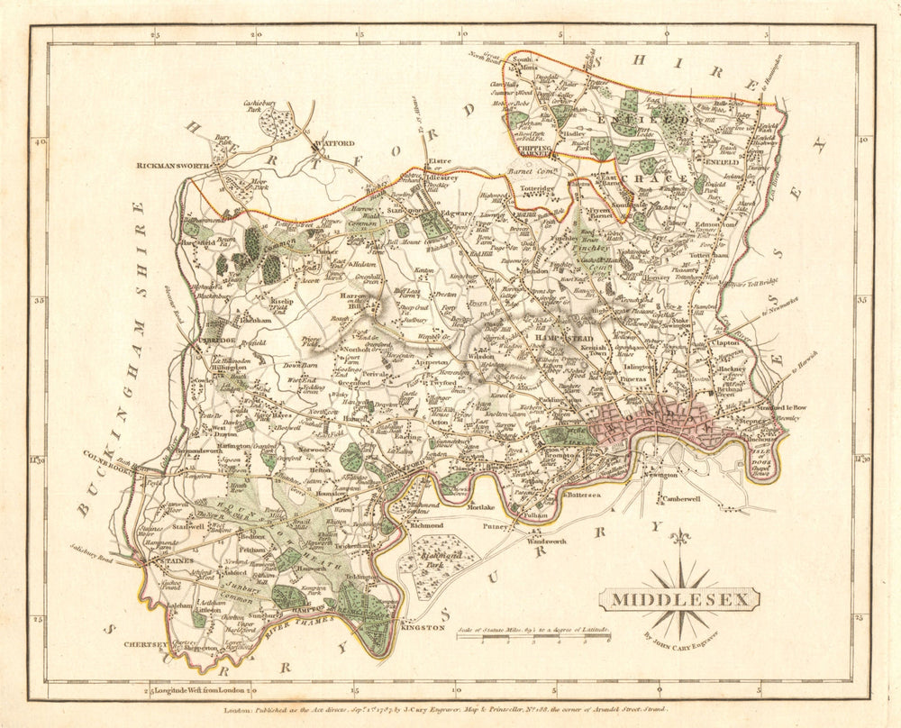 Antique county map of MIDDLESEX by JOHN CARY. Original outline colour 1787