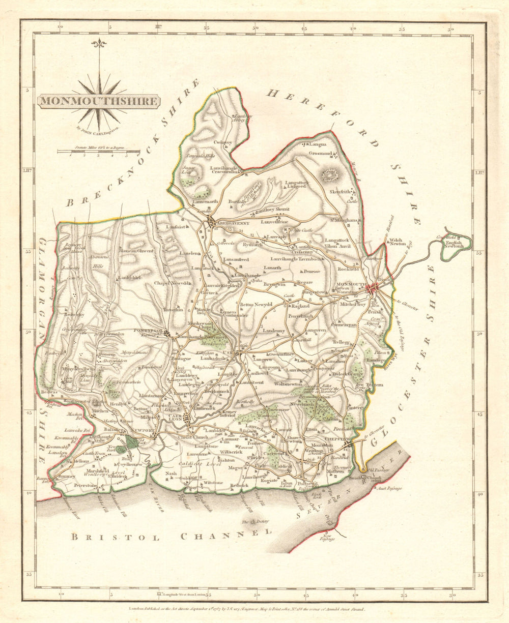 Antique county map of MONMOUTHSHIRE by JOHN CARY. Original outline colour 1787