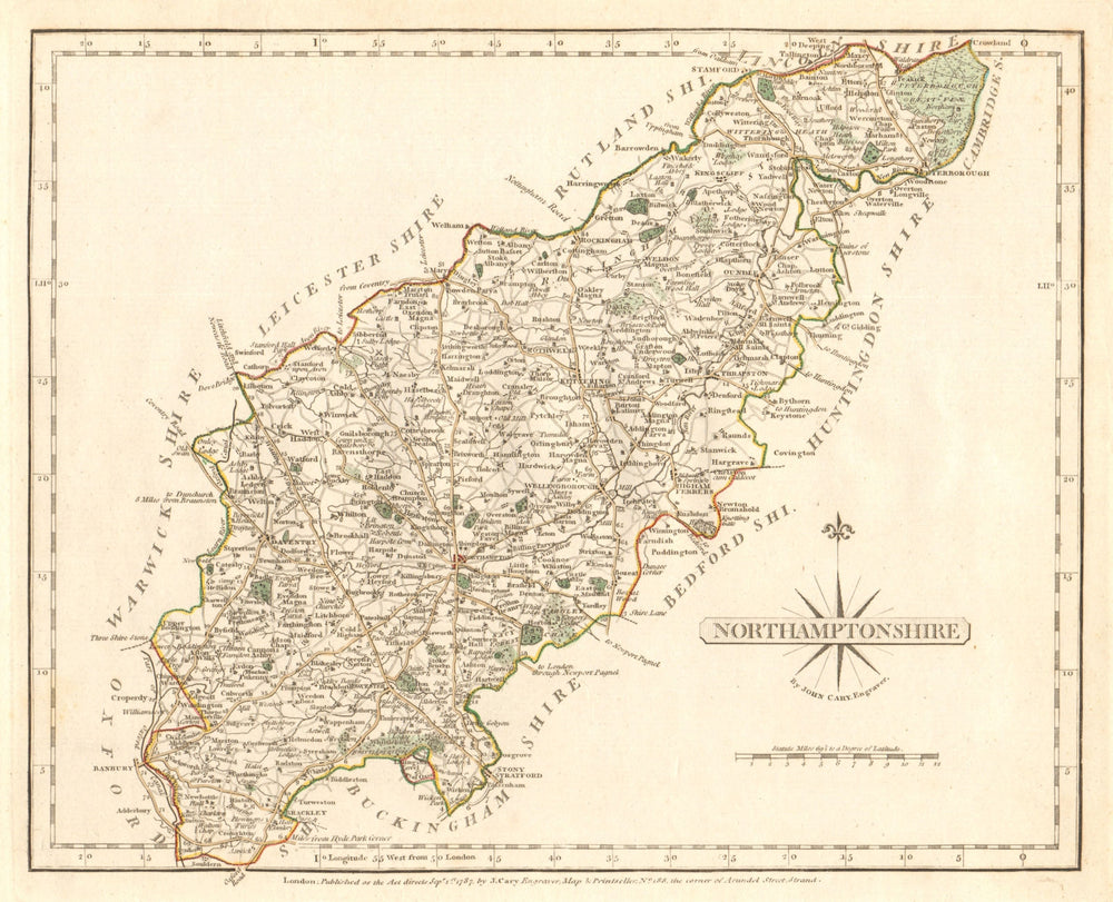 Antique county map of NORTHAMPTONSHIRE by JOHN CARY.Original outline colour 1787