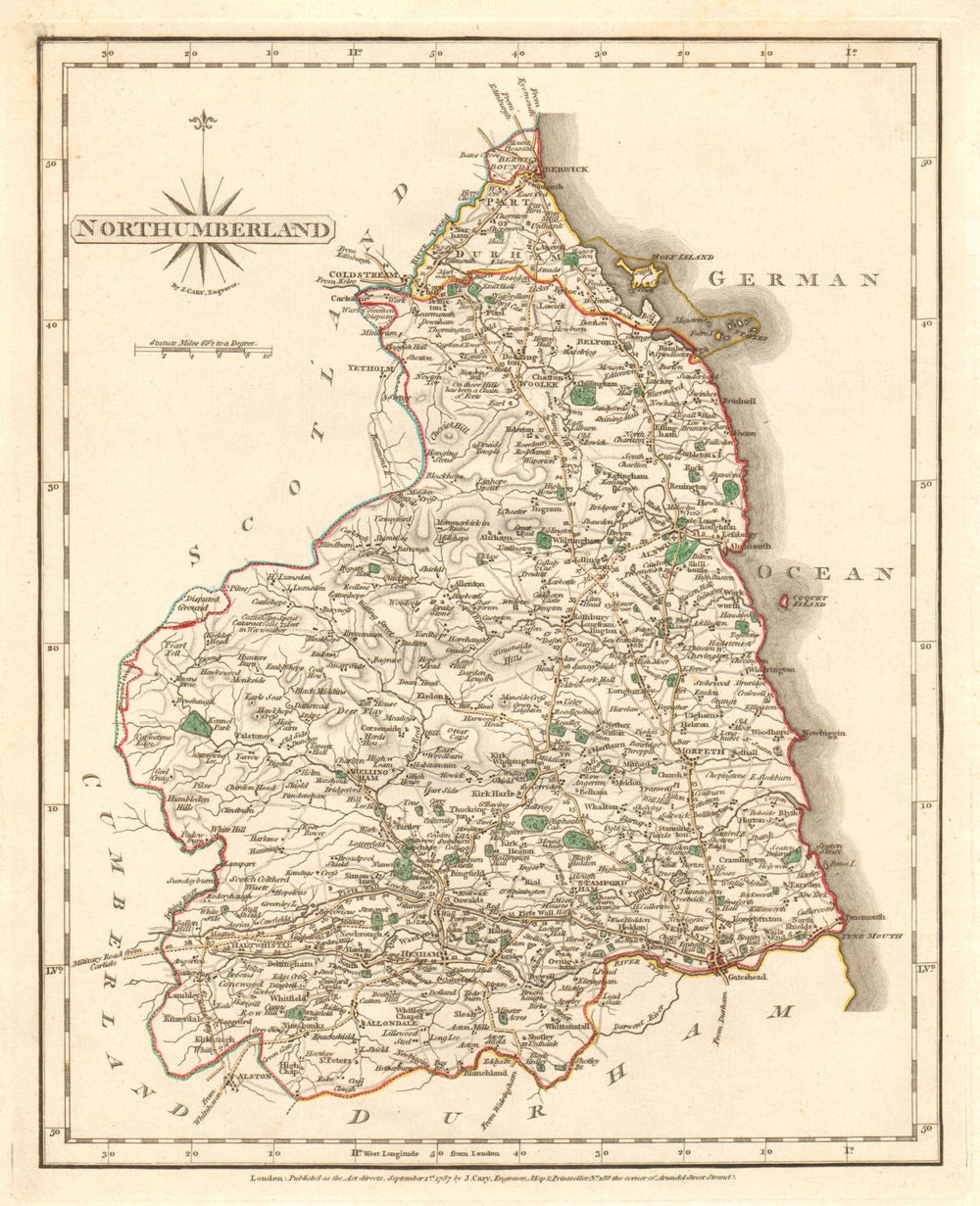 Antique county map of NORTHUMBERLAND by JOHN CARY. Original outline colour 1787
