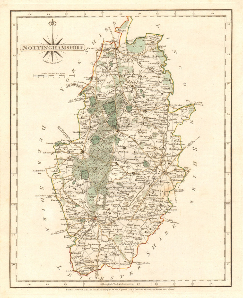 Antique county map of NOTTINGHAMSHIRE by JOHN CARY. Original outline colour 1787