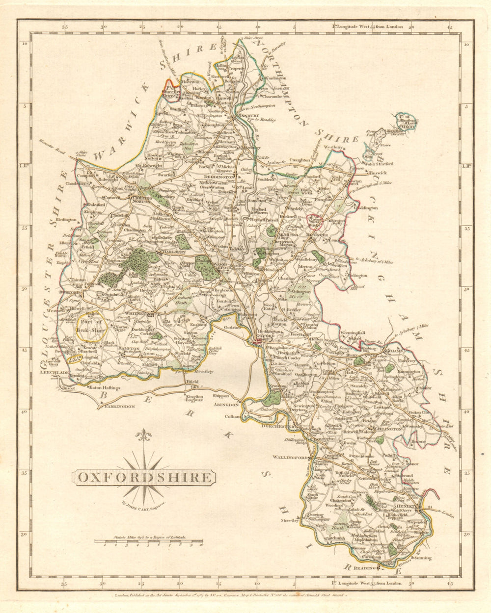 Antique county map of OXFORDSHIRE by JOHN CARY. Original outline colour 1787