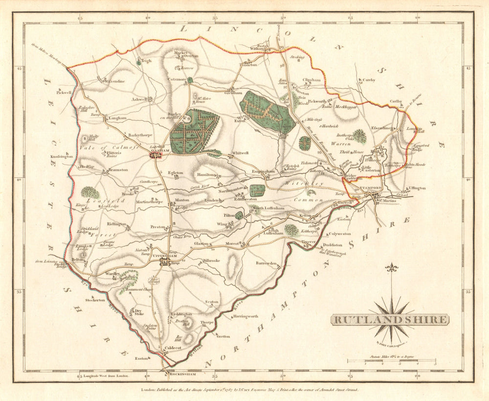 Antique county map of RUTLANDSHIRE by JOHN CARY. Original outline colour 1787