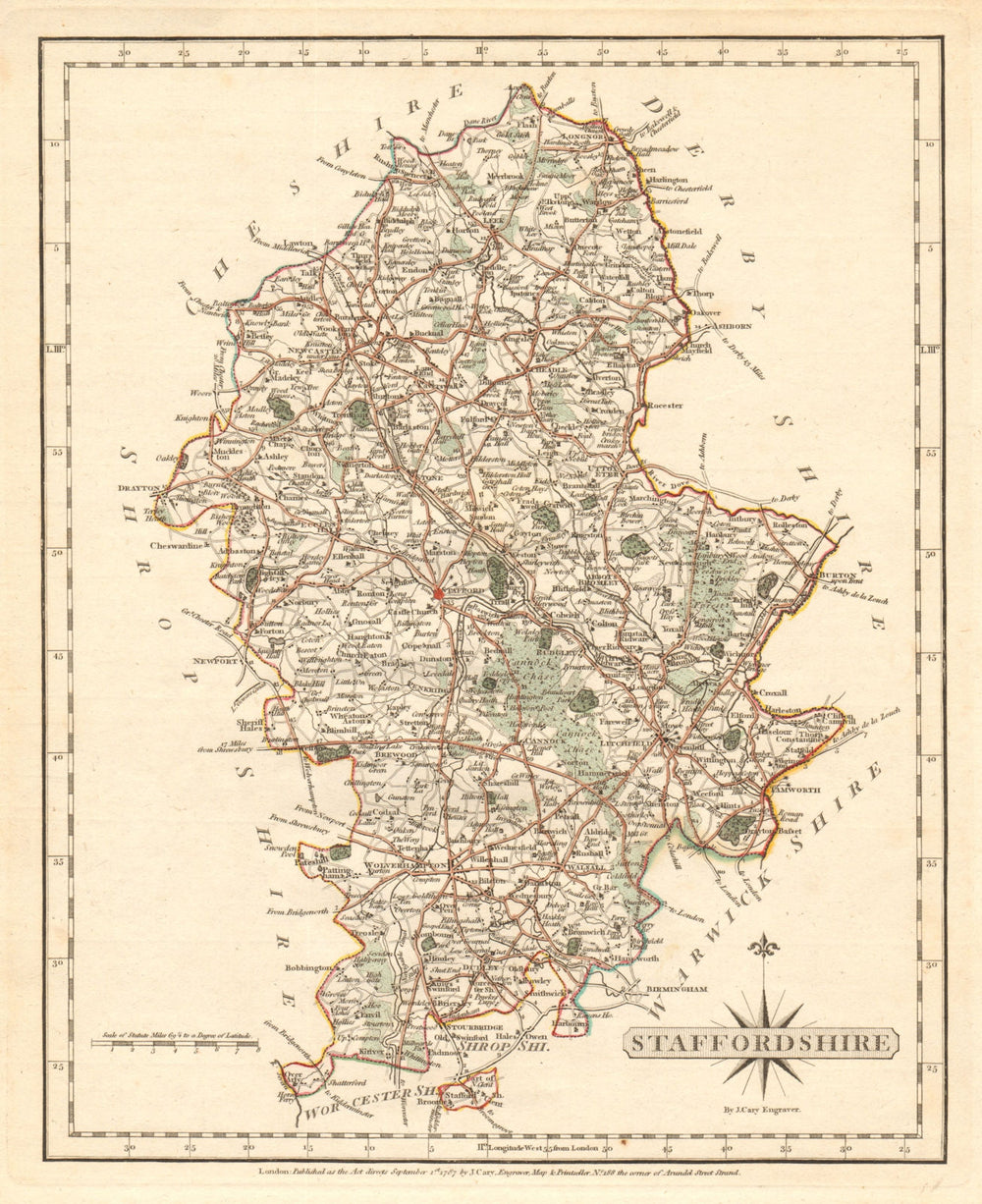 Antique county map of STAFFORDSHIRE by JOHN CARY. Original outline colour 1787