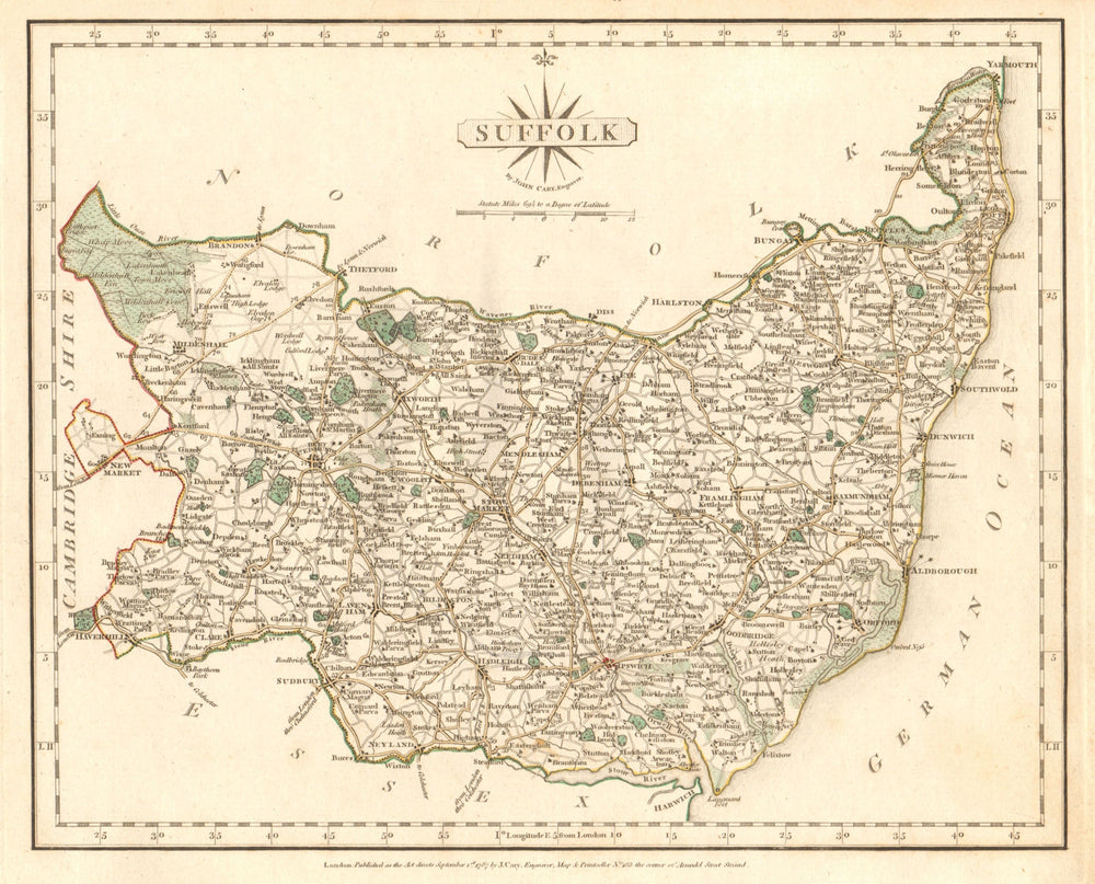 Antique county map of SUFFOLK by JOHN CARY. Original outline colour 1787