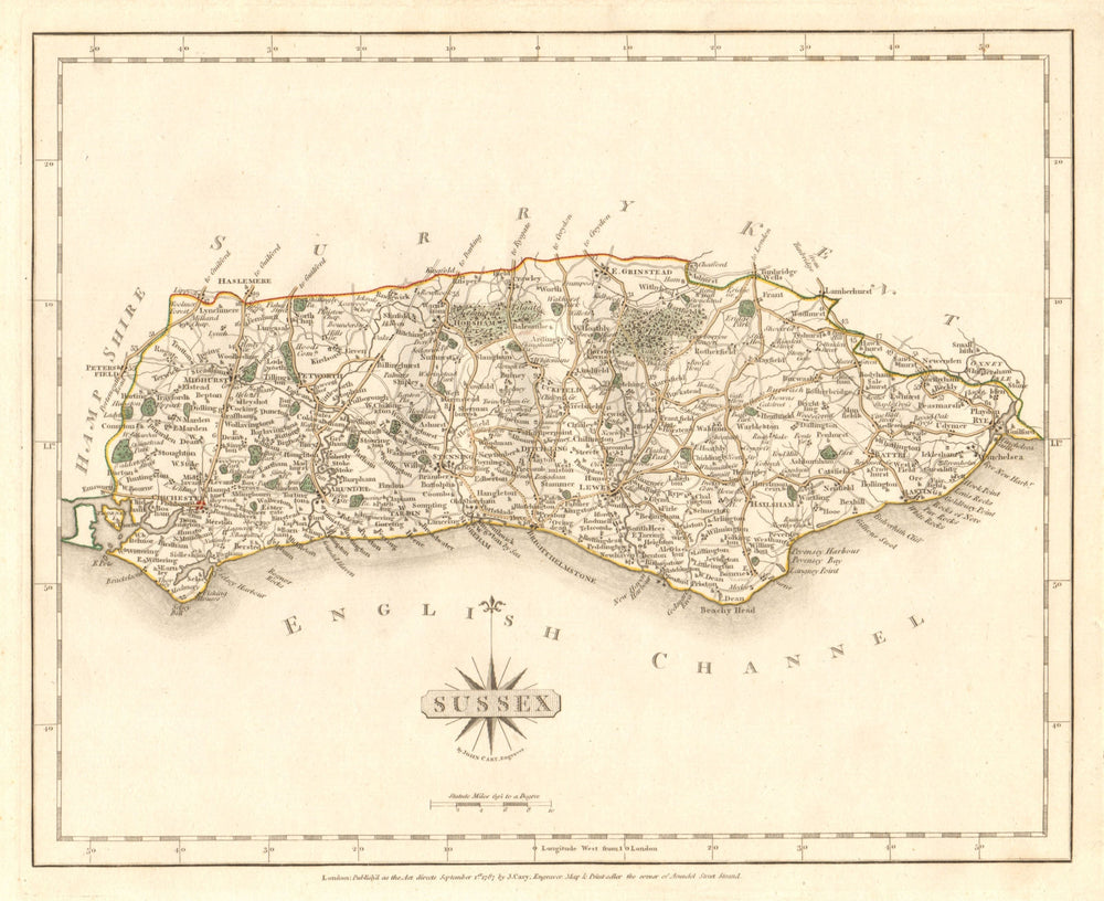 Antique county map of SUSSEX by JOHN CARY. Original outline colour 1787