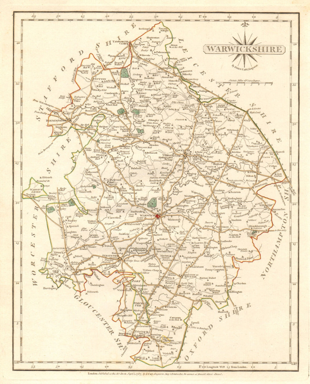 Antique county map of WARWICKSHIRE by JOHN CARY. Original outline colour 1787