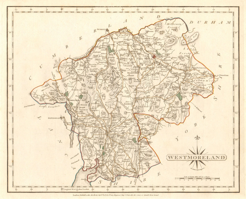 Antique county map of WESTMORELAND by JOHN CARY. Original outline colour 1787