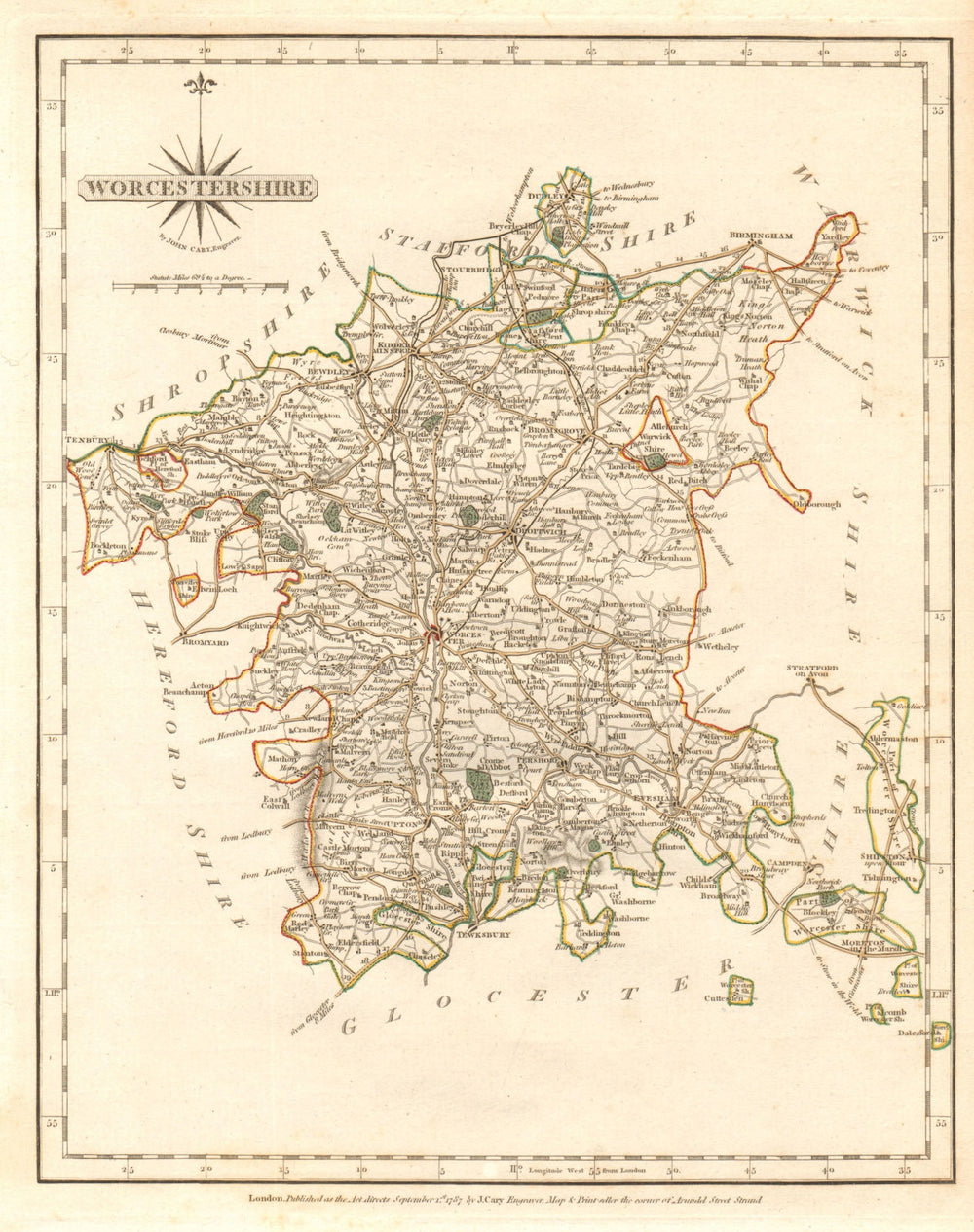 Antique county map of WORCESTERSHIRE by JOHN CARY. Original outline colour 1787
