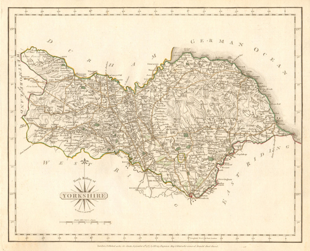 NORTH RIDING OF YORKSHIRE antique map by JOHN CARY. Original outline colour 1787