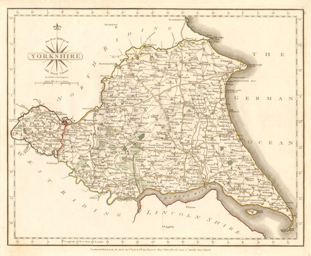 EAST RIDING OF YORKSHIRE antique map by JOHN CARY. Original outline colour 1787