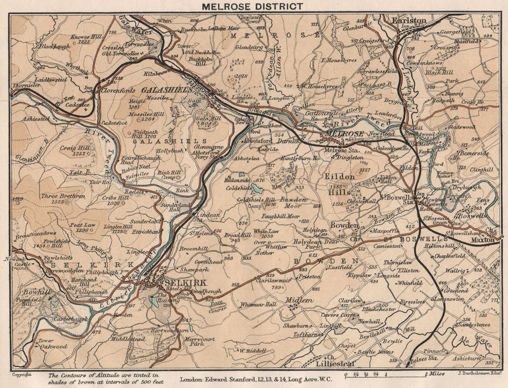 MELROSE DISTRICT. Selkirk Galashiels. Vintage map. Scotland. STANFORD 1905