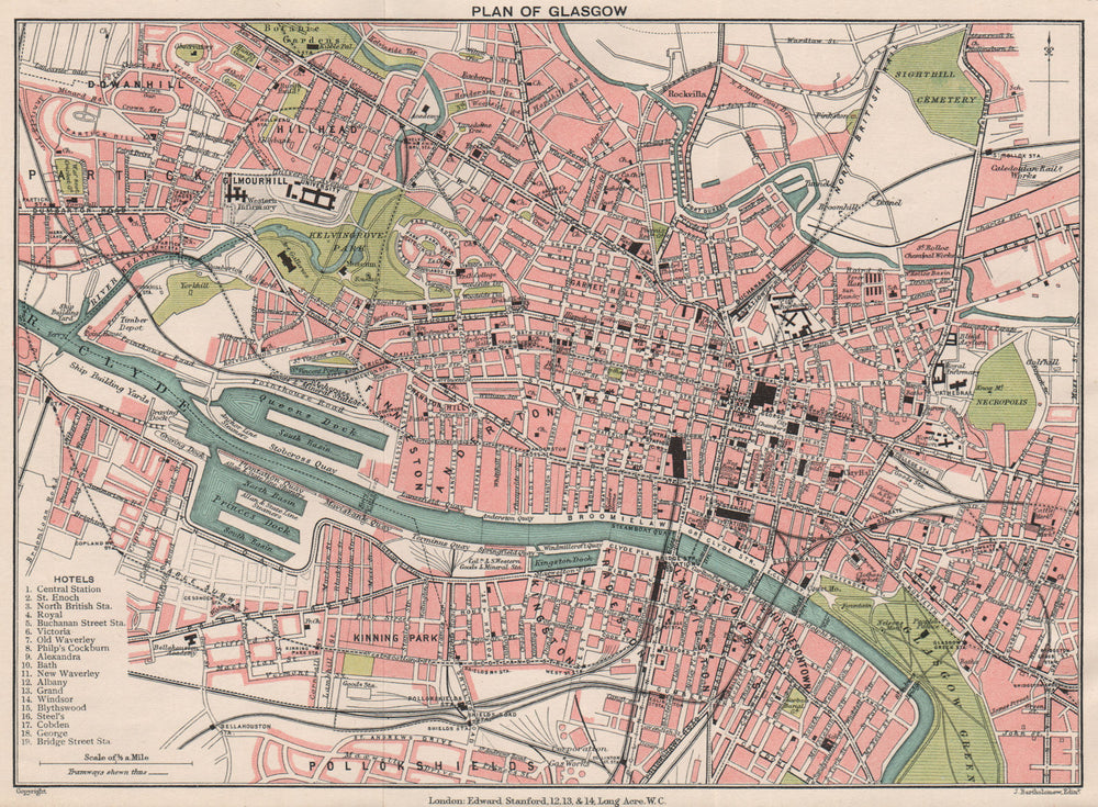 GLASGOW. Vintage town city plan. Scotland. STANFORD 1905 old antique map chart
