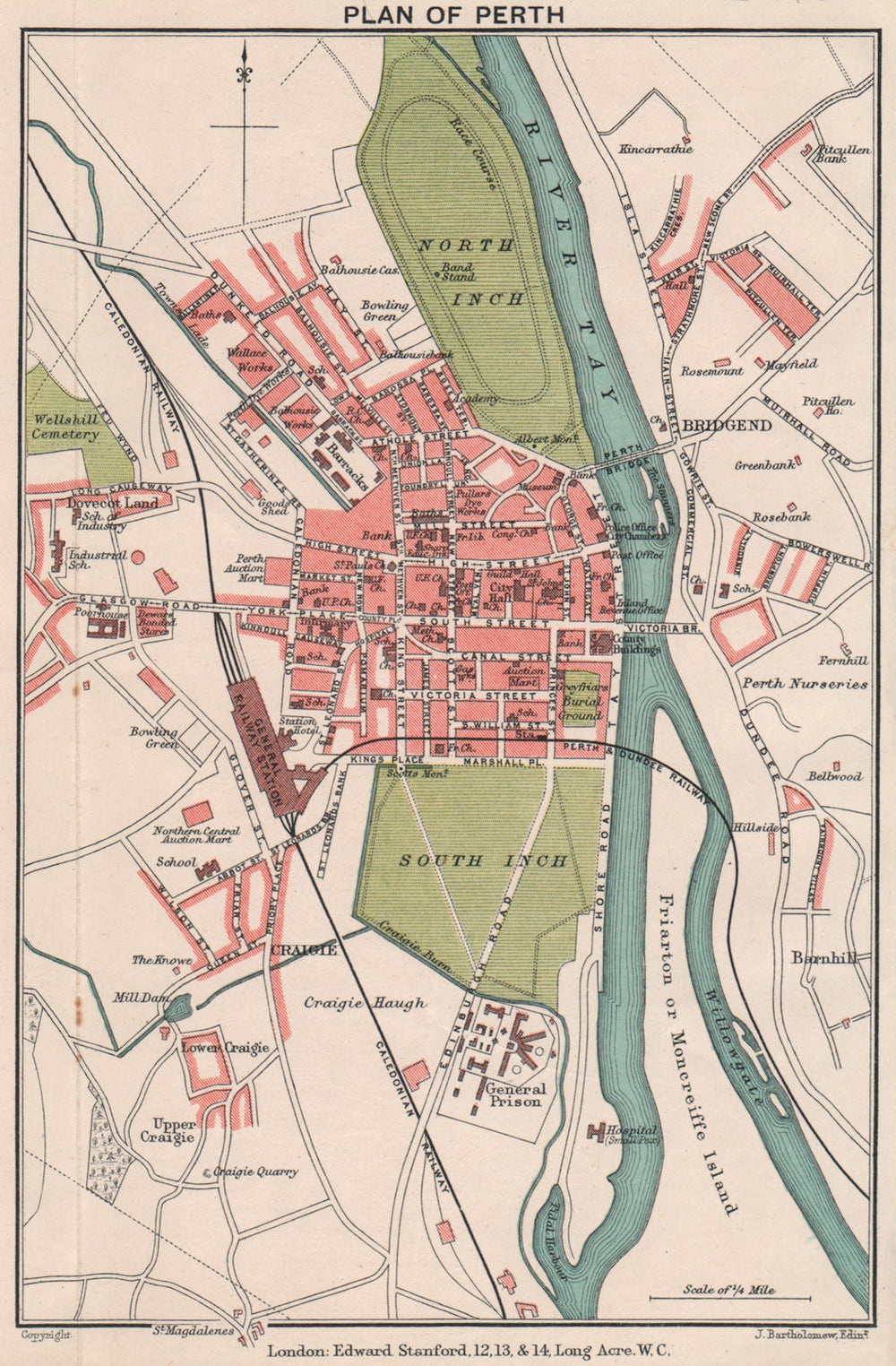 PERTH. Vintage town city plan. Scotland. STANFORD 1905 old antique map chart