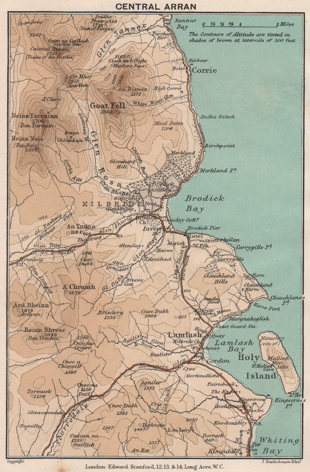 Isle of ARRAN east coast. Brodick Lamlash. Vintage map. Scotland. STANFORD 1905