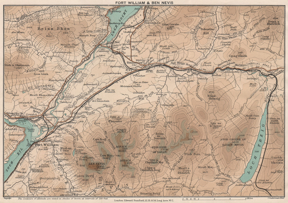 FORT WILLIAM & BEN NEVIS. Vintage map. Scotland. STANFORD 1905 old antique