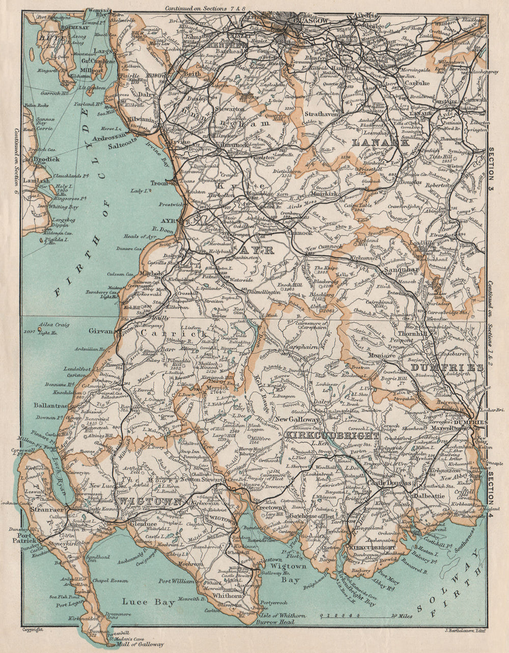 SW SCOTLAND. Wigtown Kirkudbright Ayr Lanark Dumfries Galloway. Vintage map 1905