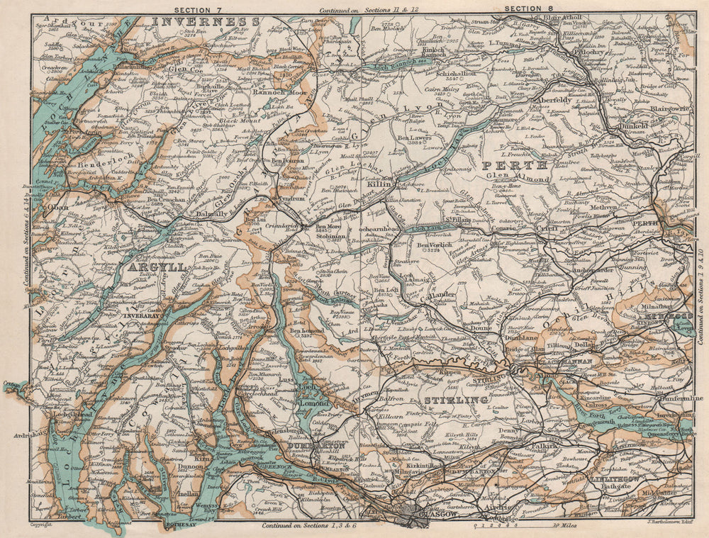 Invernessshire Stirlingshire Argyll Perthshire. Vintage map. Scotland 1905
