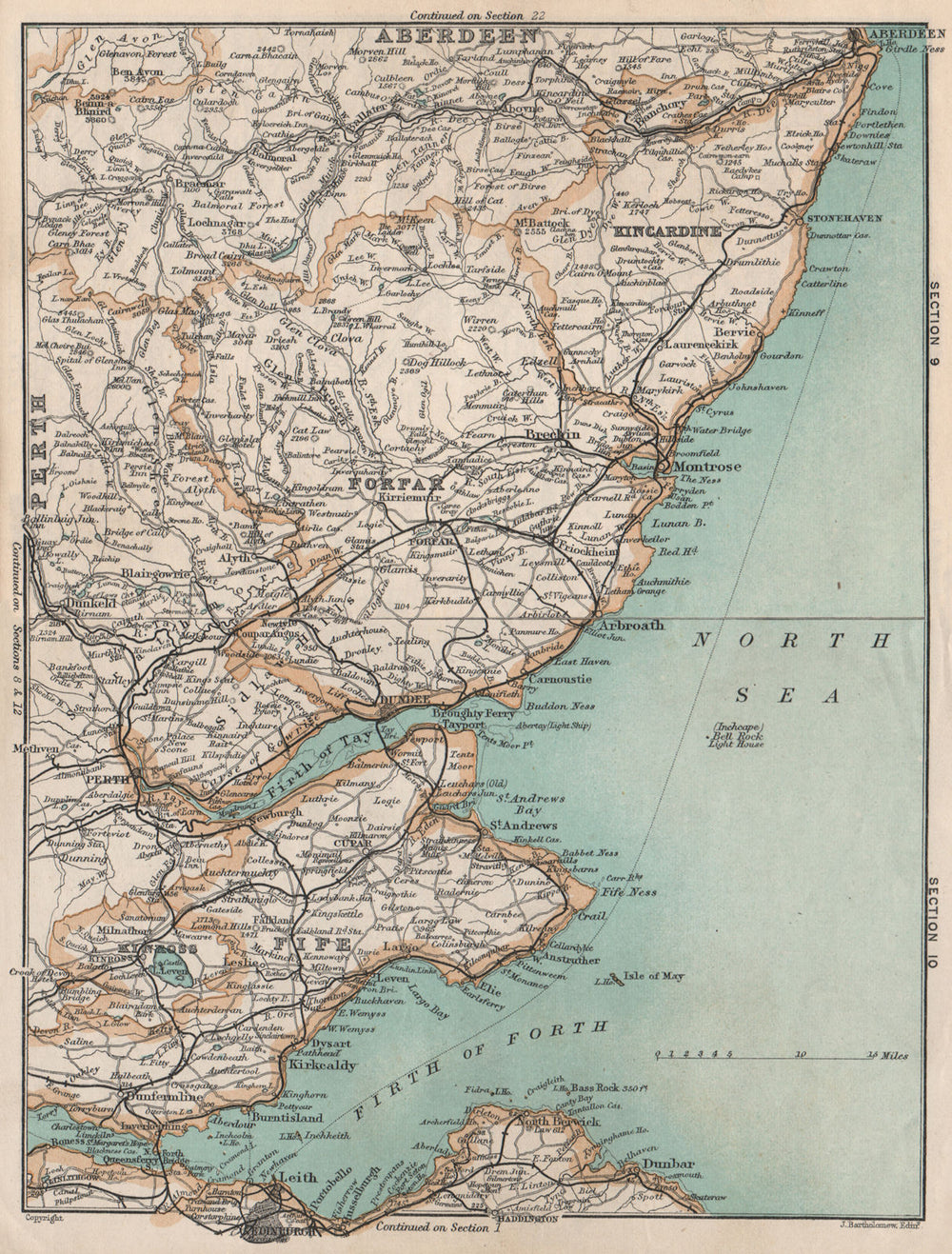 SCOTLAND EAST COAST Forfar Fife Kincardine Firth of Forth & Tay Vintage map 1905
