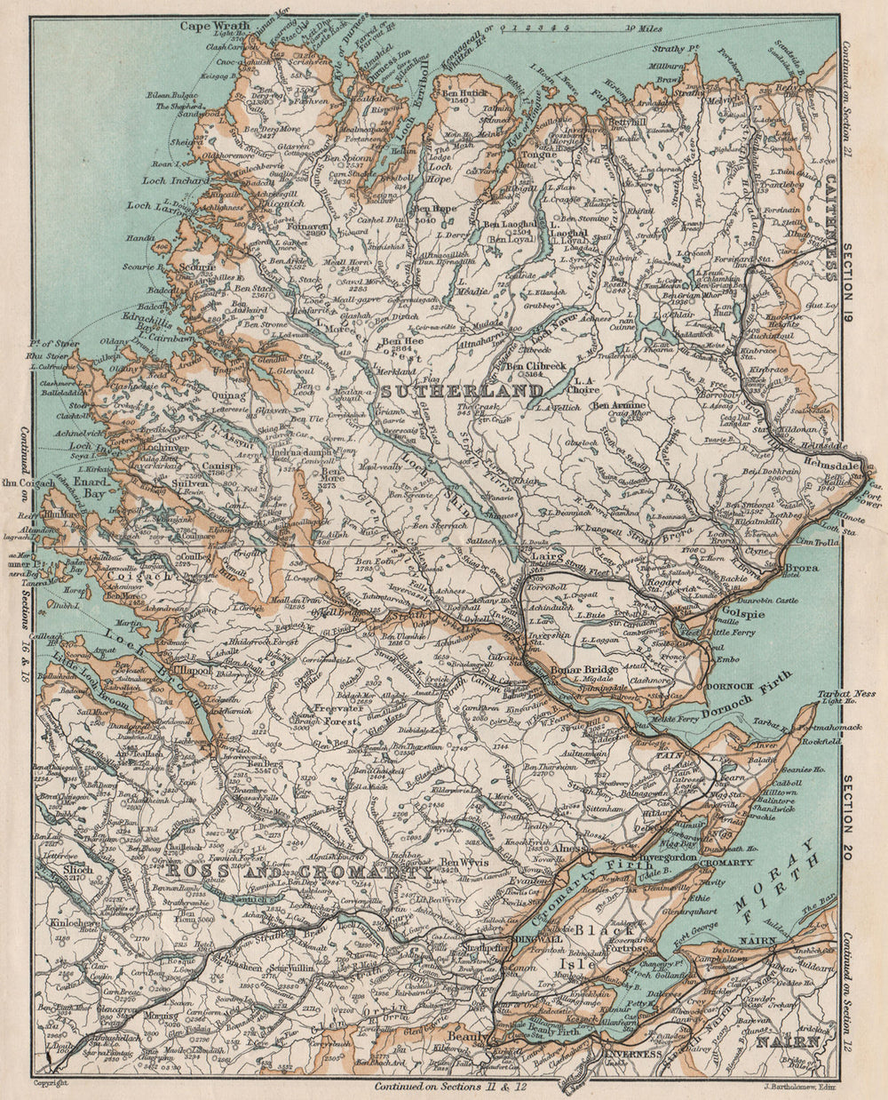 SCOTTISH HIGHLANDS. Ross & Cromarty. Sutherland. Vintage map. Scotland 1905