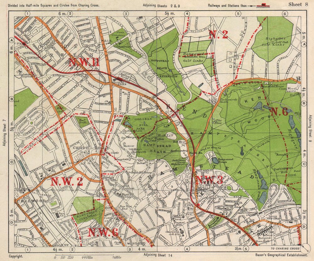 NW LONDON. Golders Green Hampstead Child's Hill Cricklewood. BACON 1938 map
