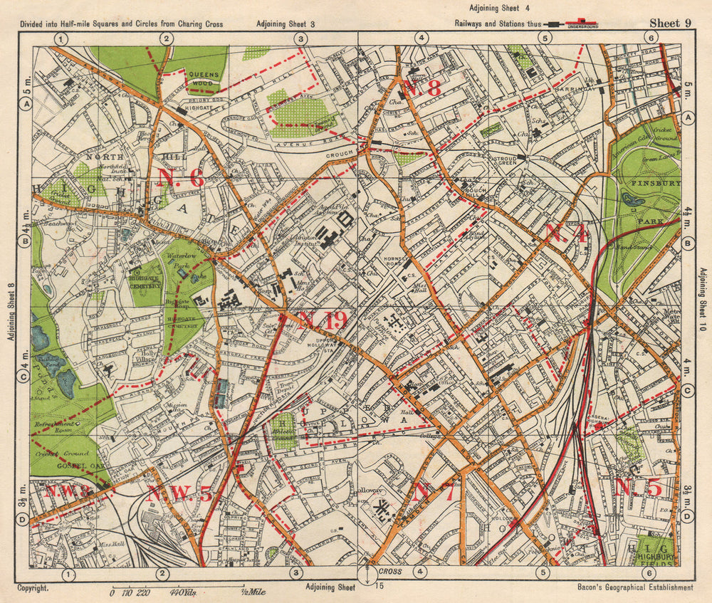 N LONDON. Highgate Crouch End Holloway Finsbury Park Gospel Oak. BACON 1938 map