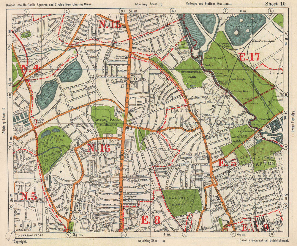 NE LONDON. Stoke Newington Stamford Hill Clapton South Tottenham BACON 1938 map