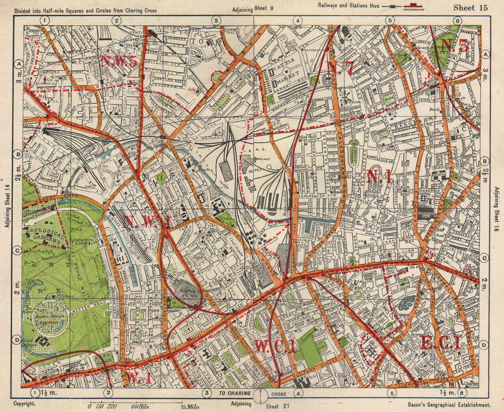 N LONDON. Camden/Kentish Town Clerkenwell Bloomsbury Islington. BACON 1938 map