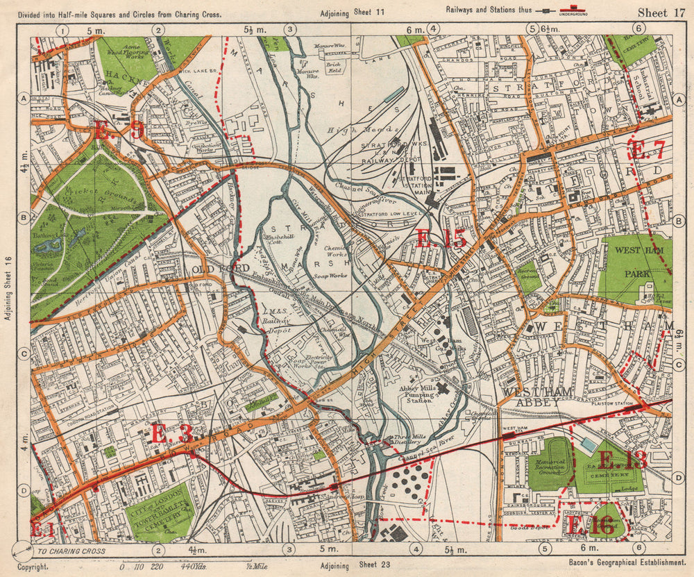 NE LONDON. Stratford Bow Hackney Wick West Ham Old Ford Plaistow.BACON 1938 map