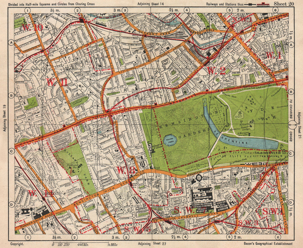 W LONDON. Paddington South Kensington Bayswater Notting Hill. BACON 1938 map
