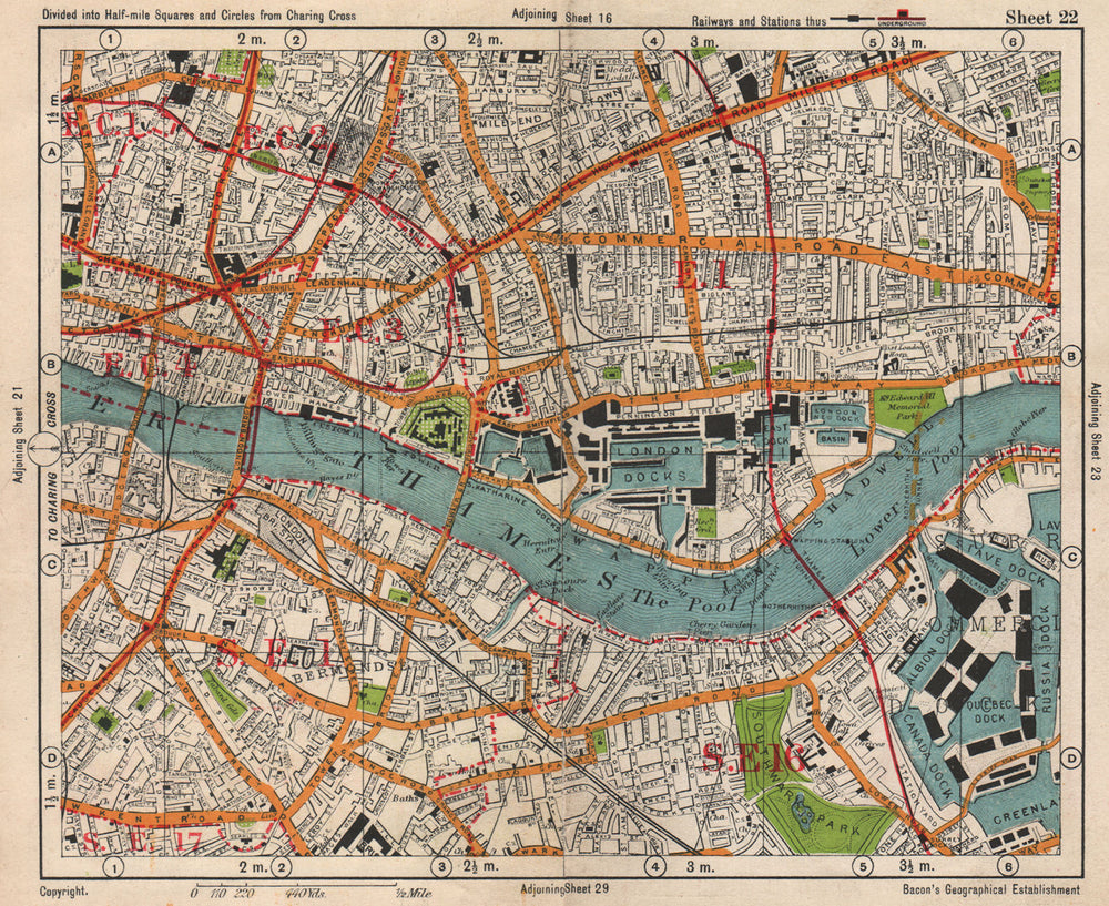 LONDON. City East End Bermondsey Stepney Rotherhithe Whitechapel.BACON 1938 map