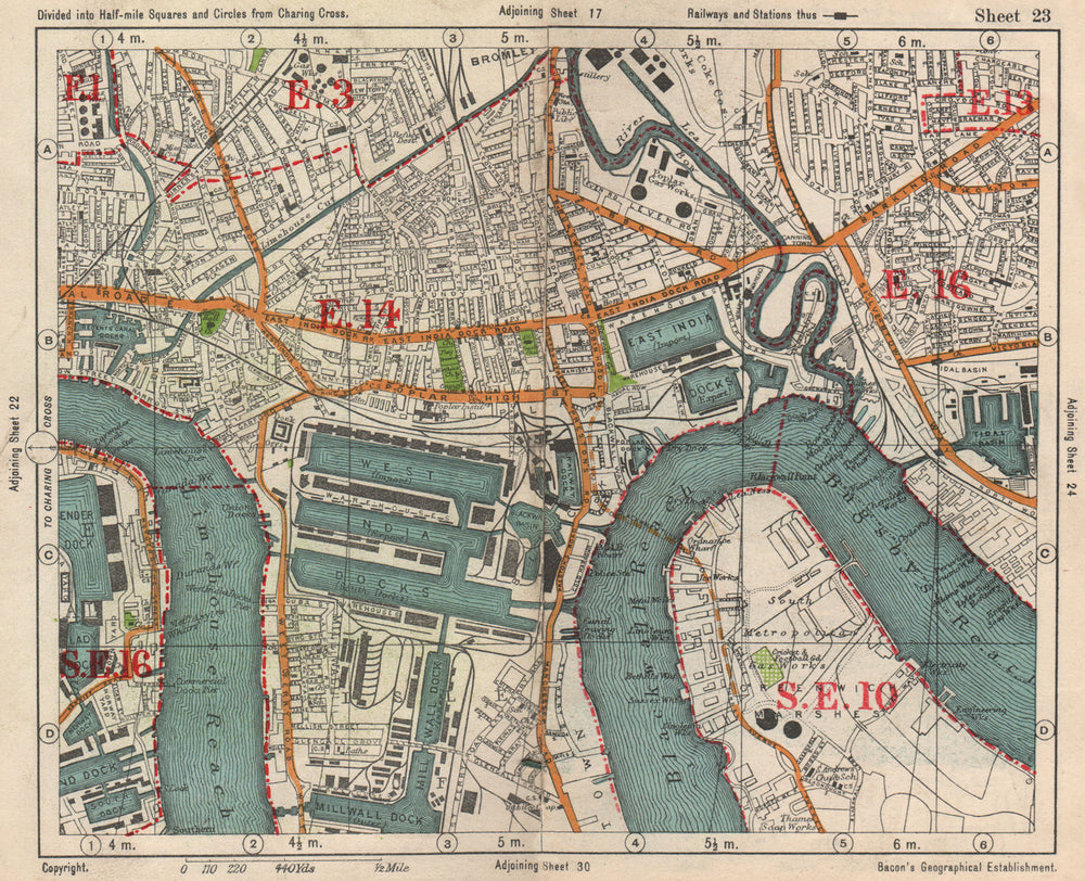 E LONDON Surrey Docks Isle of Dogs Canning Town Poplar Limehouse.BACON 1938 map