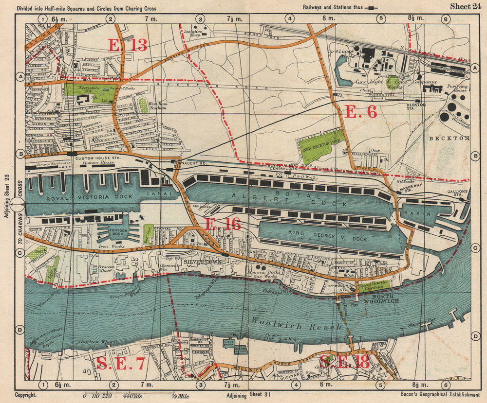 E LONDON Royal Victoria/Albert Docks Beckton Woolwich Silvertown.BACON 1938 map