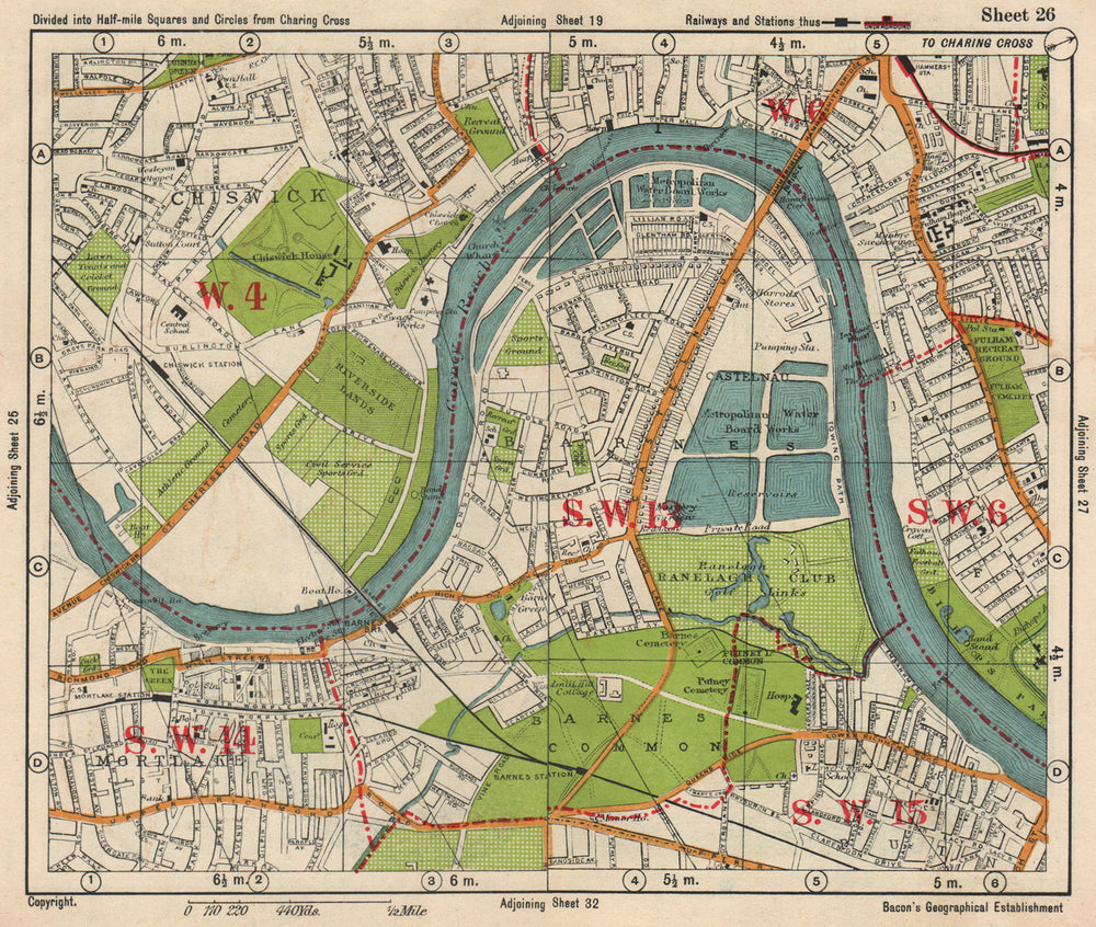 SW LONDON. Chiswick Barnes Castlenau Fulham Hammersmith Mortlake.BACON 1938 map