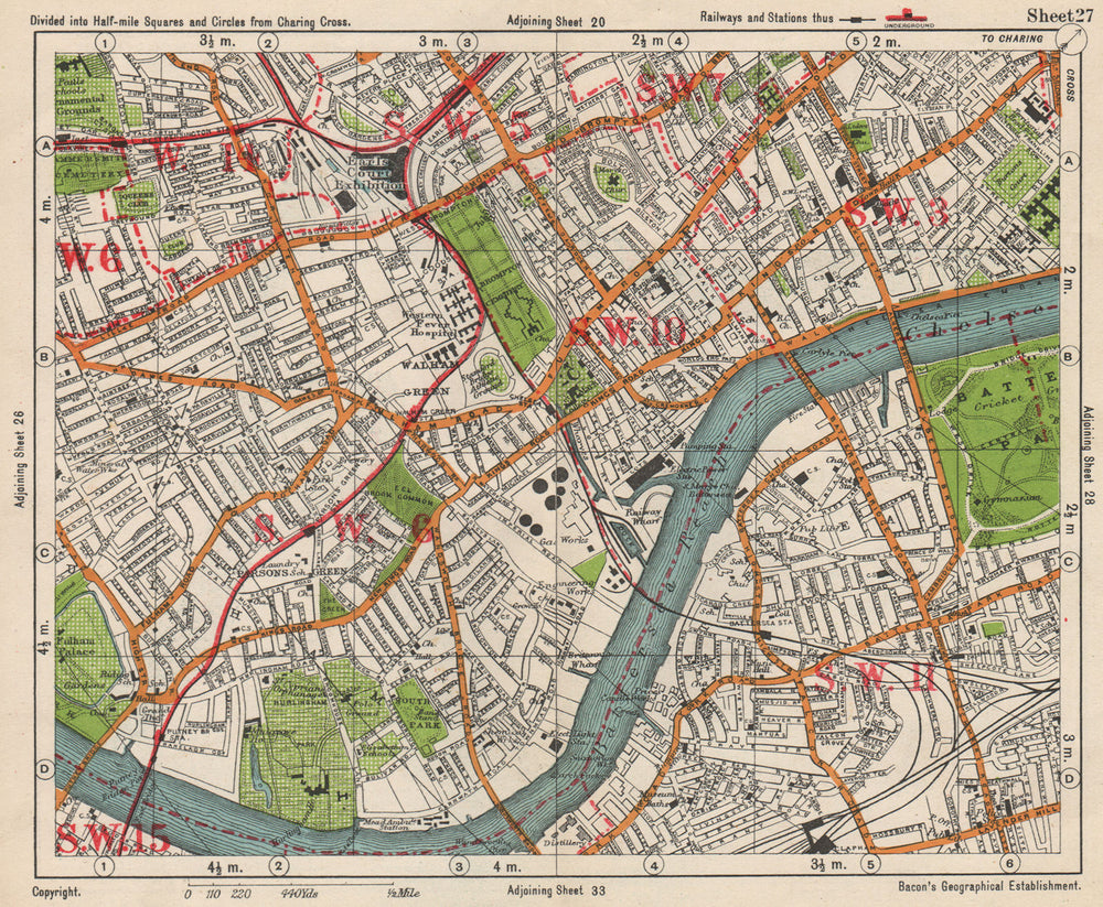 SW LONDON. Fulham Chelsea Battersea Walham/Parson's Green. BACON 1938 old map