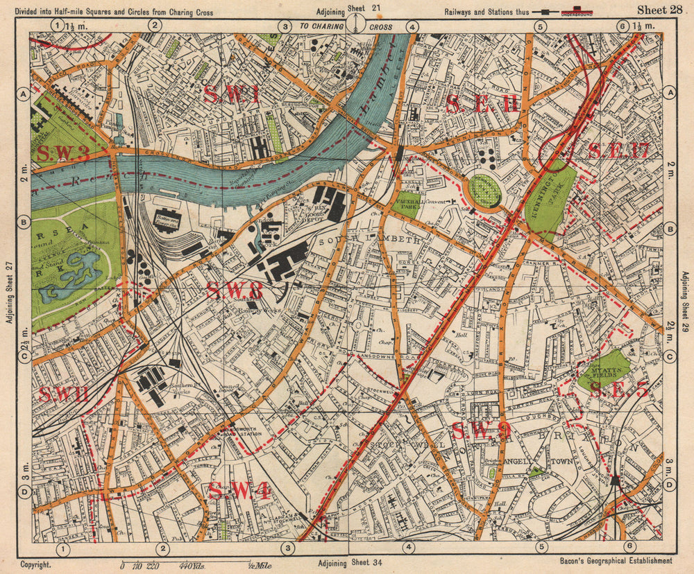 S LONDON. Kennington Battersea Pimlico Brixton Lambeth Clapham. BACON 1938 map