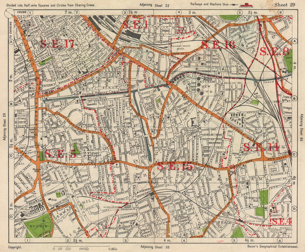 SE LONDON. Peckham Camberwell Hatcham Denmark Hill Surrey canal. BACON 1938 map