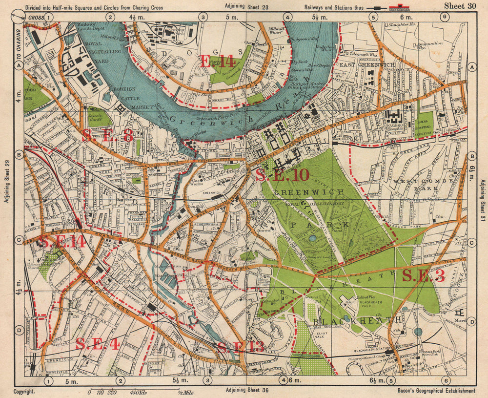 SE LONDON. Deptford Greenwich Cubitt Town Lewisham Blackheath. BACON 1938 map