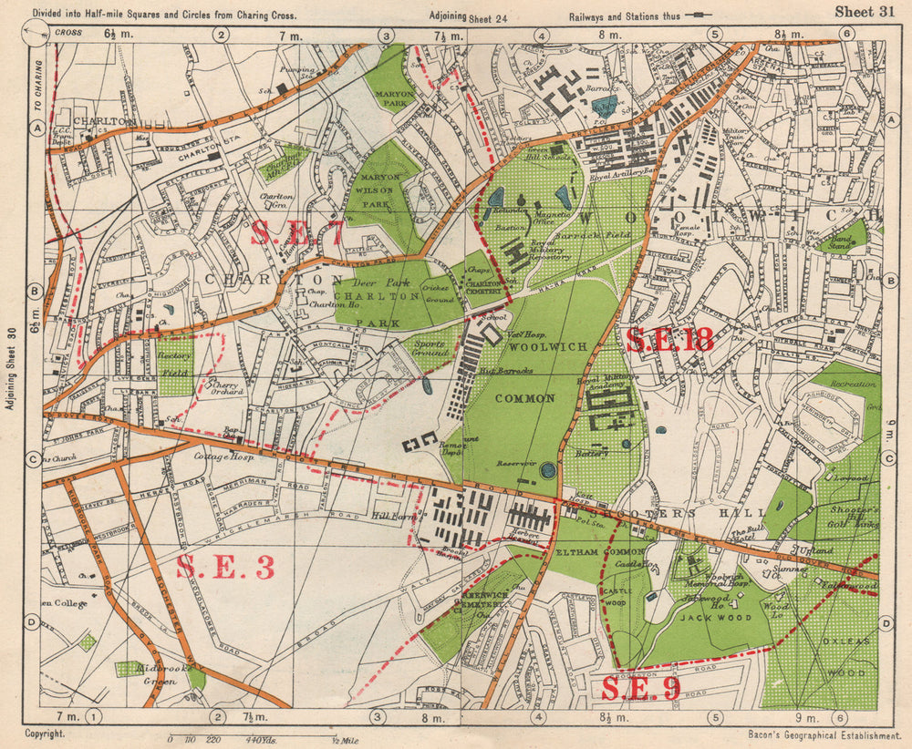 SE LONDON. Charlton Woolwich Shooters Hill Eltham Kidbrooke. BACON 1938 map
