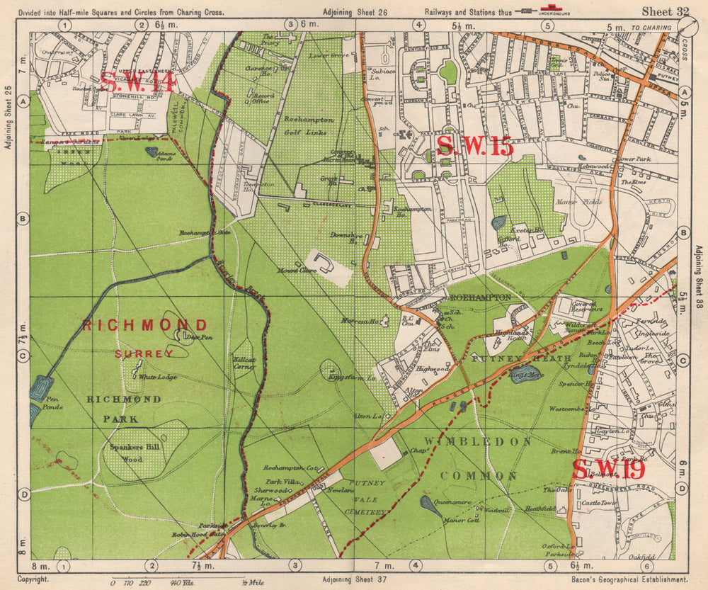 SW LONDON. Putney Roehampton Richmond Park Wimbledon Common. BACON 1938 map