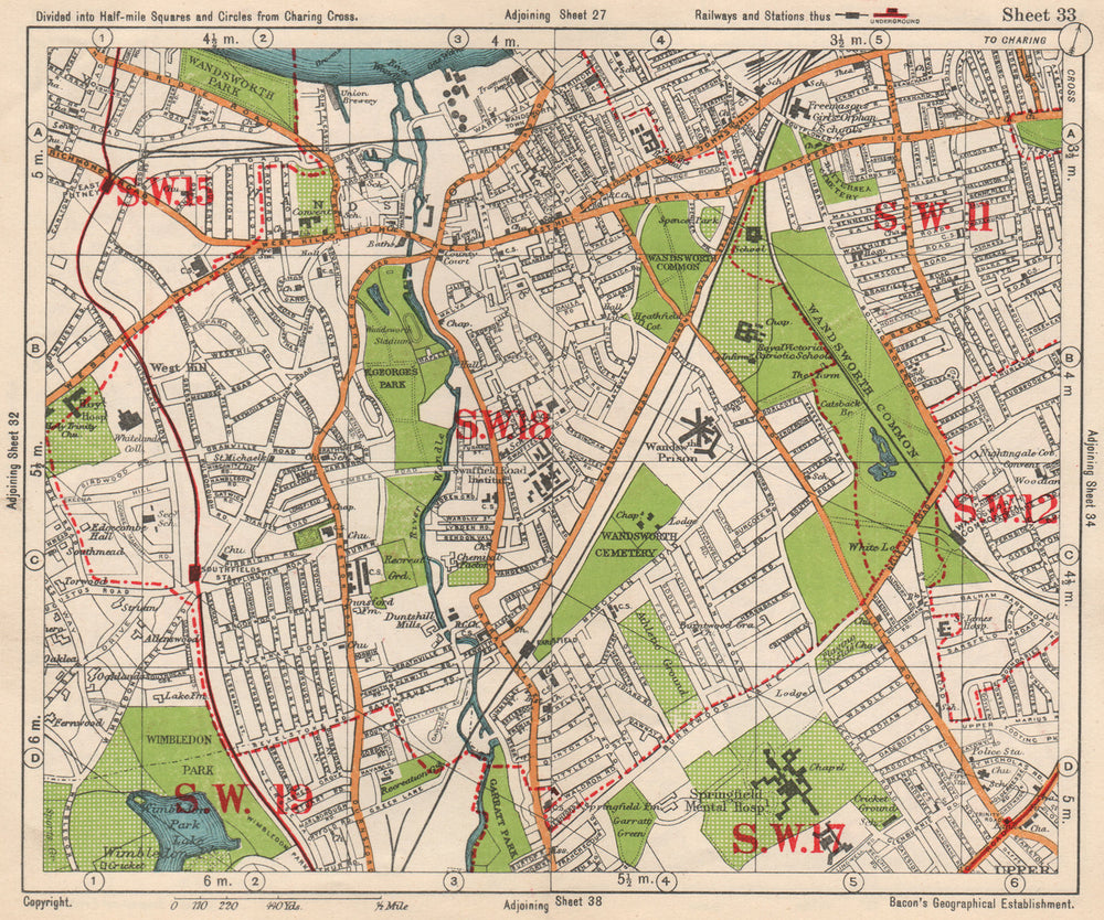 SW LONDON. Wandsworth E Putney Wimbledon Earlsfield Southfields. BACON 1938 map